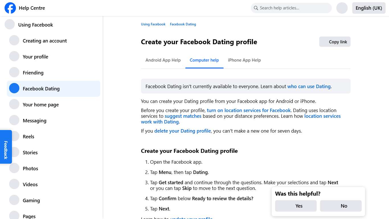 Create your Facebook Dating profile Facebook Help Centre