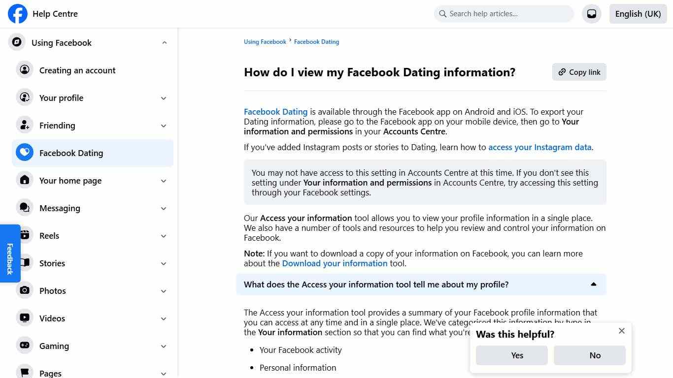 How do I view my Facebook Dating information? Facebook Help Centre